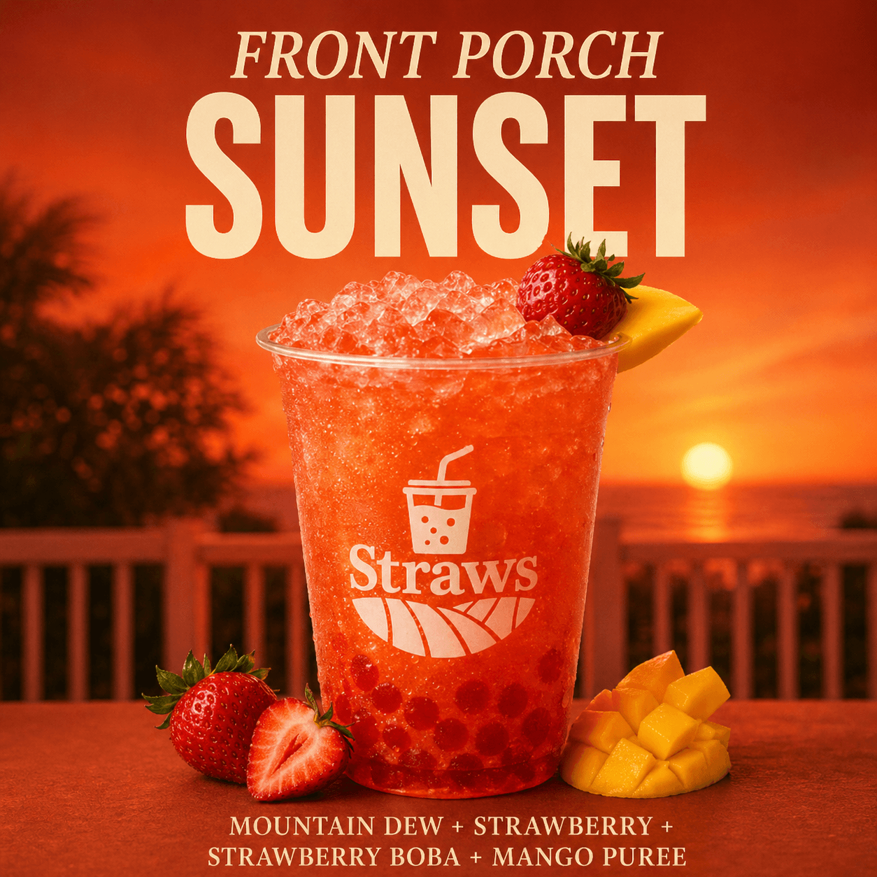 Front Porch Sunset dirty soda — Mountain Dew with strawberry, mango puree, and boba bursts at Straws Soda
