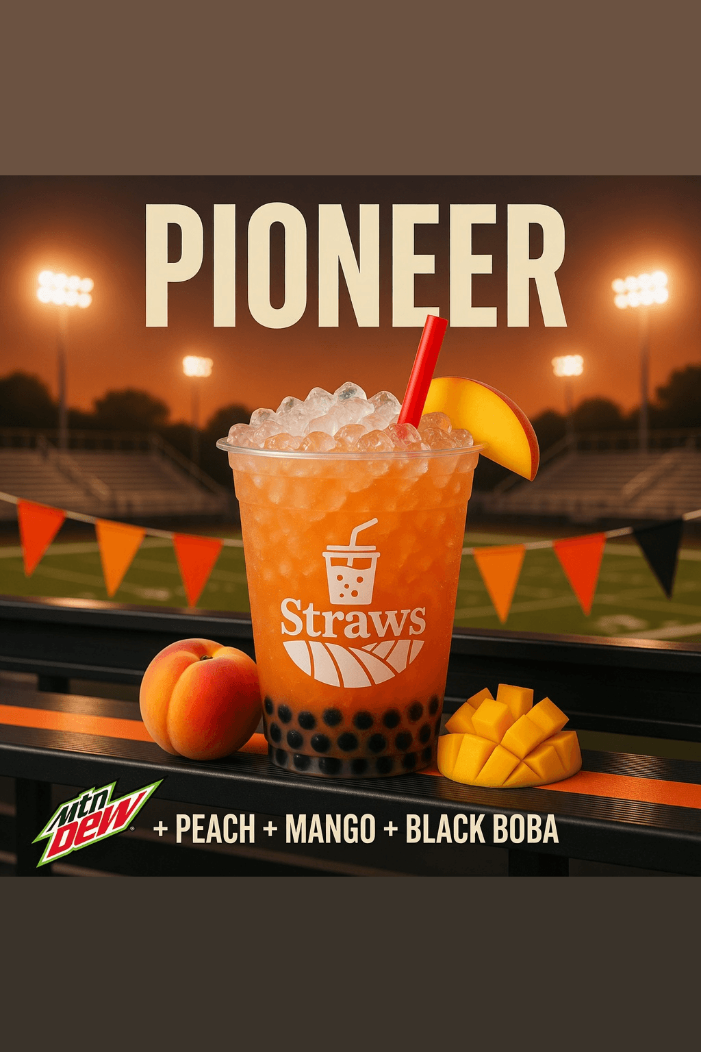 Pioneer dirty soda — Mt. Dew with peach, mango, and blueberry popping pearls at Straws Soda Batesville
