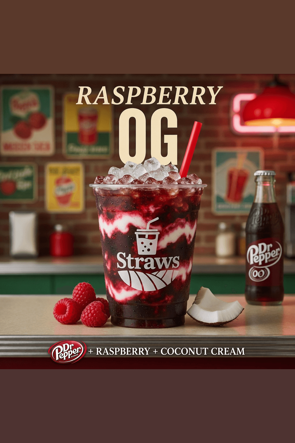 Raspberry OG dirty soda — Dr. Pepper with raspberry puree and coconut cream at Straws Soda Batesville AR