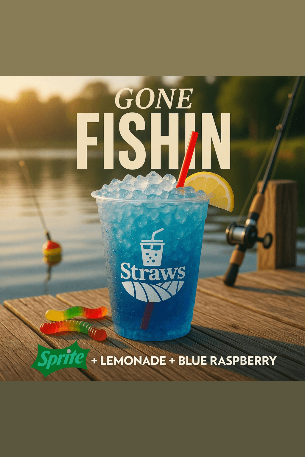 Gone Fishin dirty soda — Sprite and lemonade with blue raspberry and gummy worms, a kids favorite at Straws Soda